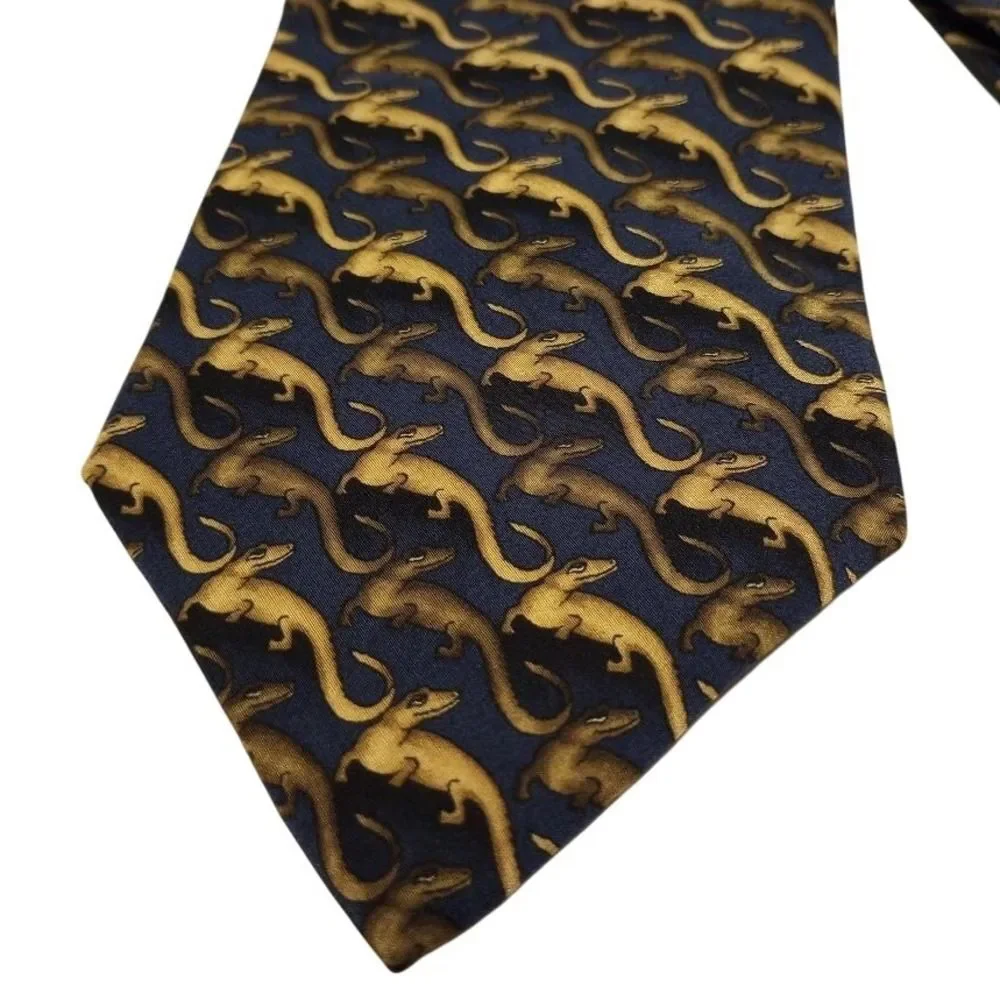 NATURA Leaping Lizards 100% Silk Necktie Navy Blue Gold Men's Formal Made in USA